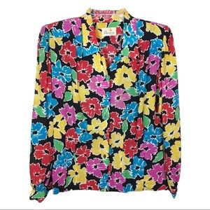 Vintage Bold Colorful Floral Print Button Down Blouse